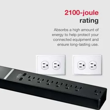 Rocketfish 7-Outlet/2-USB 2100 Joules Surge Protector Strip - Multiple-Outlet Extension Cord with Surge Protection - Power Strip with USB Ports - Travel & Home Extension Cord for Wall Outlets - Black