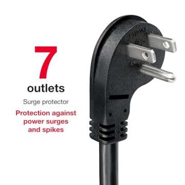 Rocketfish 7-Outlet/2-USB 2100 Joules Surge Protector Strip - Multiple-Outlet Extension Cord with Surge Protection - Power Strip with USB Ports - Travel & Home Extension Cord for Wall Outlets - Black