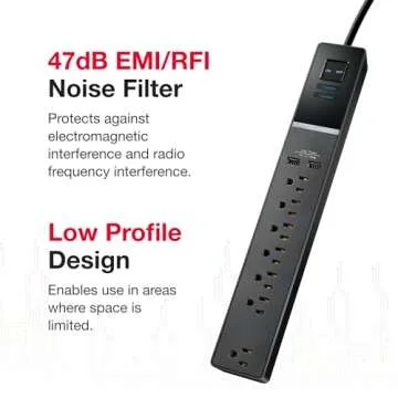 Rocketfish 7-Outlet/2-USB 2100 Joules Surge Protector Strip - Multiple-Outlet Extension Cord with Surge Protection - Power Strip with USB Ports - Travel & Home Extension Cord for Wall Outlets - Black