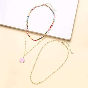 NLCAC 14K Gold Layered Beaded Necklaces for Women-Detachable Colorful Beaded Choker Dainty Paperclip Chain Smiley Face Pendant Necklace Y2k Jewelry Pink Smile