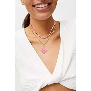 NLCAC 14K Gold Layered Beaded Necklaces for Women-Detachable Colorful Beaded Choker Dainty Paperclip Chain Smiley Face Pendant Necklace Y2k Jewelry Pink Smile