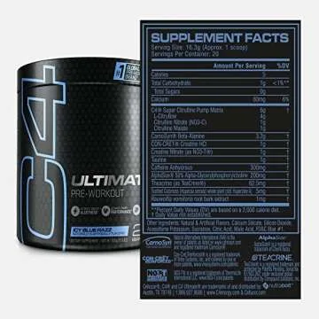 Cellucor C4 Ultimate Pre Workout Powder ICY Blue Razz - Sugar Free Preworkout Energy Supplement for Men & Women - 300mg Caffeine + 3.2g Beta Alanine + 2 Patented Creatines - 20 Servings
