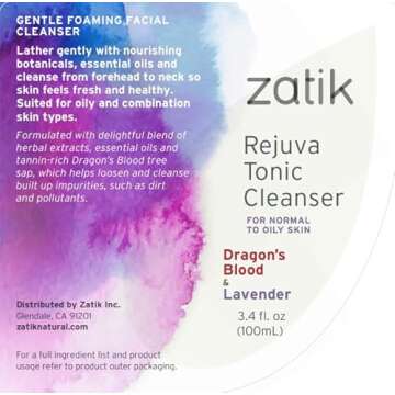 Zatik Naturals - Rejuva Tonic Cleanser with Dragon’s Blood and Lavender, Vegan, Non GMO, Gluten Free, Soy Free, Alcohol Free, pH Balanced, Biodegradable, 3.4 fl oz,100ml