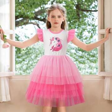 LQSZ Girls Tulle Dresses Dresses Valentines Dress Flutter Sleeve Cute Unicorn Shirt for Toddler Girl 3-12 Years