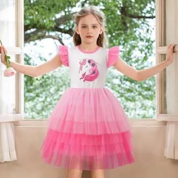 LQSZ Girls Tulle Dresses Dresses Valentines Dress Flutter Sleeve Cute Unicorn Shirt for Toddler Girl 3-12 Years