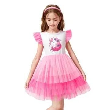 LQSZ Girls Tulle Dresses Dresses Valentines Dress Flutter Sleeve Cute Unicorn Shirt for Toddler Girl 3-12 Years