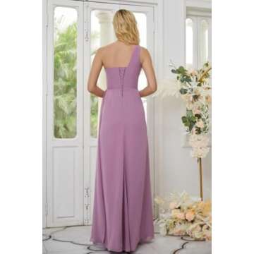 High Slit Pleated Bridesmaid Dresses for Women 2025 One Shoulder A Line Long Chiffon Lilac Formal Dress for Party 2