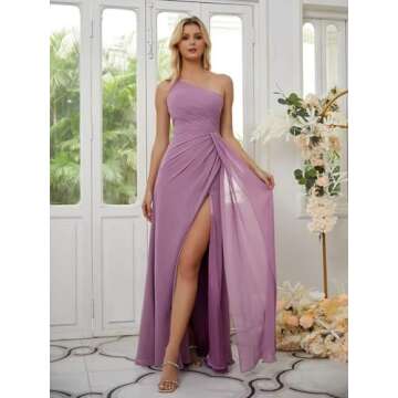High Slit Pleated Bridesmaid Dresses for Women 2025 One Shoulder A Line Long Chiffon Lilac Formal Dress for Party 2