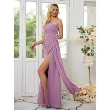 High Slit Pleated Bridesmaid Dresses for Women 2025 One Shoulder A Line Long Chiffon Lilac Formal Dress for Party 2