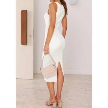 HAEOF Women's 2025 Spring Summer Casual Midi Dress Elegant Crewneck Sleeveless Ribbed Knit Bodycon Dresses(White, M)