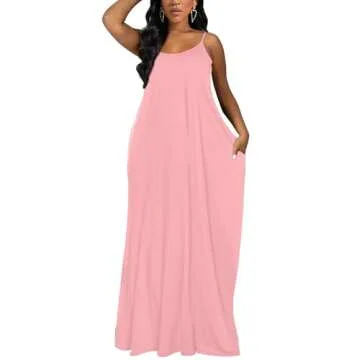 OFEEFAN Maxi Dresses for Women Summer Sexy Spaghetti Strap Long Dress Pink L