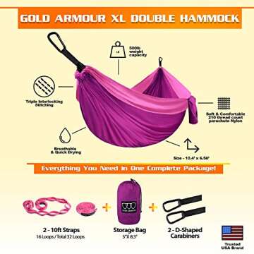 Gold Armour Camping Hammock - XL Double Hammock Portable Hammock Camping Accessories Gear for Outdoo...