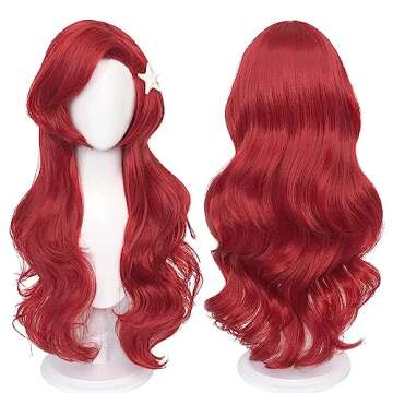 Probeauty Mermaid Wig Long Red Curly Body Wave Wig Halloween Cosplay Costume Wigs for Women+Wig Cap