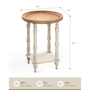 VONLUCE French Country End Table, 19'' Round Farmhouse Side Table, Distressed Wood Tray Top Rustic A...