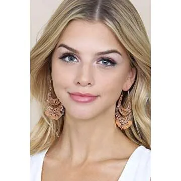 RIAH FASHION Bohemian Chandelier Coin Dangle Earrings - Gypsy Lightweight Filigree Disc Charm Tassel Ethnic Hoops (Curved - Rose Gold)