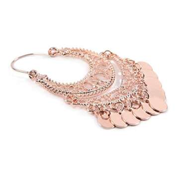 RIAH FASHION Bohemian Chandelier Coin Dangle Earrings - Gypsy Lightweight Filigree Disc Charm Tassel Ethnic Hoops (Curved - Rose Gold)