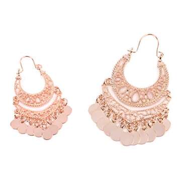RIAH FASHION Bohemian Chandelier Coin Dangle Earrings - Gypsy Lightweight Filigree Disc Charm Tassel Ethnic Hoops (Curved - Rose Gold)