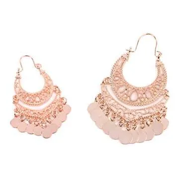RIAH FASHION Bohemian Chandelier Coin Dangle Earrings - Gypsy Lightweight Filigree Disc Charm Tassel Ethnic Hoops (Curved - Rose Gold)