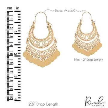RIAH FASHION Bohemian Chandelier Coin Dangle Earrings - Gypsy Lightweight Filigree Disc Charm Tassel Ethnic Hoops (Curved - Rose Gold)