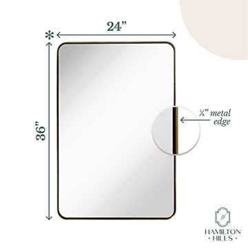 Hamilton Hills 24x36-Inch Metal Gold Frame Mirror for Bathroom - Brushed Rectangular Rounded Corner Vanity, 2" Deep Set Design, Floating Mirror - Wall-Mounted Mirrors for Horizontal/Vertical Hanging