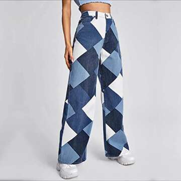 Pants for Women Casual High-waist Straight-leg Printed Color Block Denim Trousers 142