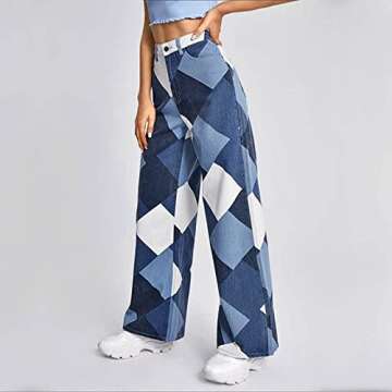 Pants for Women Casual High-waist Straight-leg Printed Color Block Denim Trousers 142