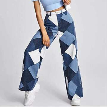 Pants for Women Casual High-waist Straight-leg Printed Color Block Denim Trousers 142