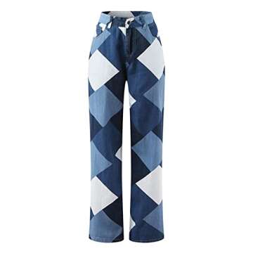 Pants for Women Casual High-waist Straight-leg Printed Color Block Denim Trousers 142