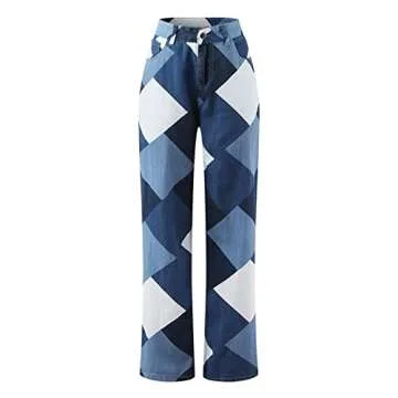 Pants for Women Casual High-waist Straight-leg Printed Color Block Denim Trousers 142
