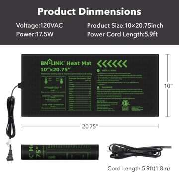 BN-LINK Seedling Heat Mat 10" x 20.75" Warm Hydroponic Heating Pad Waterproof for Seed Starting Greenhouse and Germination