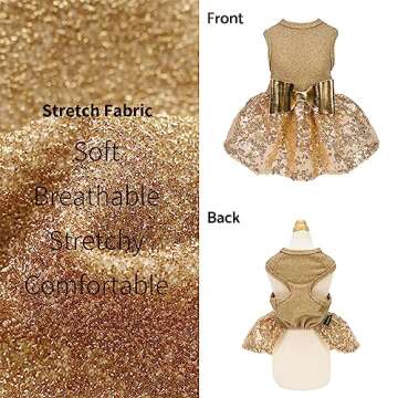 Fitwarm Fancy Dog Dress, Sparkly Sequin Dog Clothes for Small Dogs Girl, Formal Pet Wedding Attire, Female Dog Birthday Outfit, Gold, XS