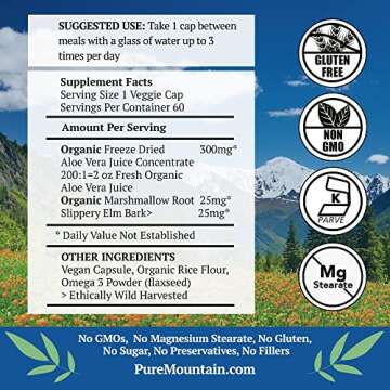 Pure Mountain Botanicals Aloe Vera Plus Capsules. 200:1 Extract. Kosher Organic Dried Aloe Vera Gel, Marshmallow Root, Slippery Elm
