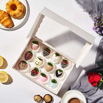 JCXGRVC 24PCS 10 x 7 x 2.5 inches Elegant White Cookie Boxes, Strawberry Boxes with Clear Window,Pap...