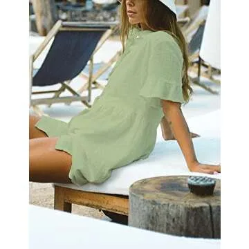 ROYLAMP Women's Summer Shirt Dress Collared Bell Sleeve Flowy Casual Mini Tunic Dresses with Pockets Light Green XL