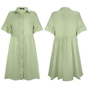 ROYLAMP Women's Summer Shirt Dress Collared Bell Sleeve Flowy Casual Mini Tunic Dresses with Pockets Light Green XL
