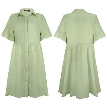 ROYLAMP Women's Summer Shirt Dress Collared Bell Sleeve Flowy Casual Mini Tunic Dresses with Pockets Light Green XL