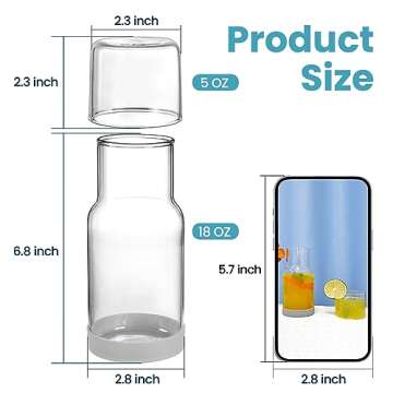 Wikapy Bedside Water Carafe and Glass Set, Night Bedside Carafe with Silicone Coaster, Water Carafe with Glass Cup for Nightstand Bedroom, Lead-free and Clear Mouthwash Dispenser for Bathroom, 18 OZ
