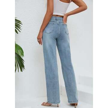 ETTELO Womens Jeans Mid Waisted Straight Leg Loose Stretchy Lightweight Tummy Control Trendy Jeans for Women 2025 Vintage Blue