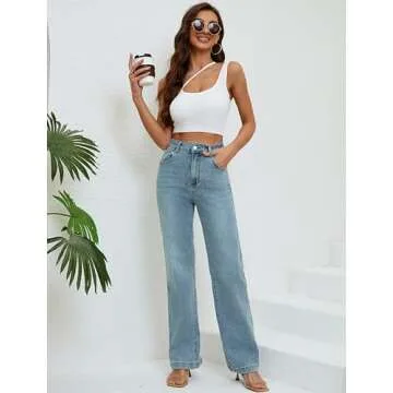 ETTELO Womens Jeans Mid Waisted Straight Leg Loose Stretchy Lightweight Tummy Control Trendy Jeans for Women 2025 Vintage Blue