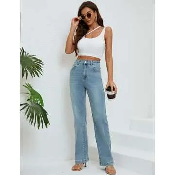 ETTELO Womens Jeans Mid Waisted Straight Leg Loose Stretchy Lightweight Tummy Control Trendy Jeans for Women 2025 Vintage Blue