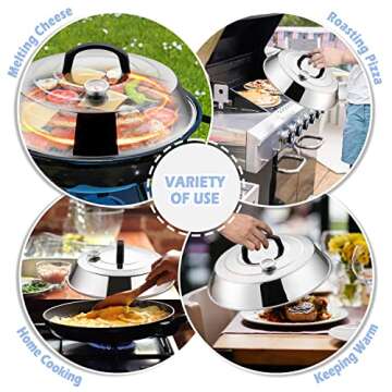 12 Inch Cheese Melting Dome Set of 2, Joyfair Basting Cover for Griddle Grilling Outdoor Camping/Flat Top Teppanyaki, Stainless Steel Lids with Heat-Proof Handle, Dishwasher Safe (with Thermometer)