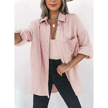 Dokotoo Womens Fashion V Neck Collared Long Sleeve Button Down Shirts Solid Color Cute Basic Pockets Fashion Comfy Loose Fit Boyfriend Fall Blouses Tunic Tops for Ladies Pink M