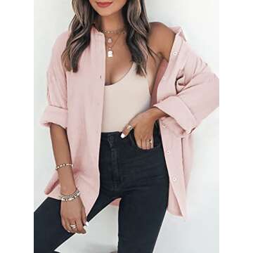 Dokotoo Womens Fashion V Neck Collared Long Sleeve Button Down Shirts Solid Color Cute Basic Pockets Fashion Comfy Loose Fit Boyfriend Fall Blouses Tunic Tops for Ladies Pink M