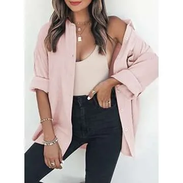 Dokotoo Womens Fashion V Neck Collared Long Sleeve Button Down Shirts Solid Color Cute Basic Pockets Fashion Comfy Loose Fit Boyfriend Fall Blouses Tunic Tops for Ladies Pink M