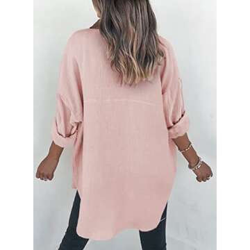 Dokotoo Womens Fashion V Neck Collared Long Sleeve Button Down Shirts Solid Color Cute Basic Pockets Fashion Comfy Loose Fit Boyfriend Fall Blouses Tunic Tops for Ladies Pink M