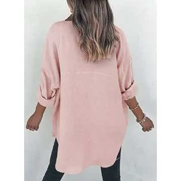 Dokotoo Womens Fashion V Neck Collared Long Sleeve Button Down Shirts Solid Color Cute Basic Pockets Fashion Comfy Loose Fit Boyfriend Fall Blouses Tunic Tops for Ladies Pink M