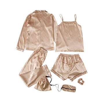 SheIn Women's 7pcs Satin Pajama Set Cami Pjs with Shirt and Eye Mask Champagne Small