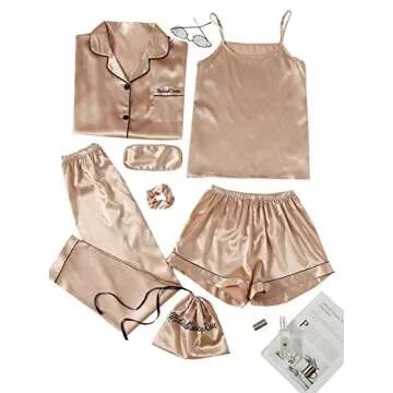 SheIn Women's 7pcs Satin Pajama Set Cami Pjs with Shirt and Eye Mask Champagne Small