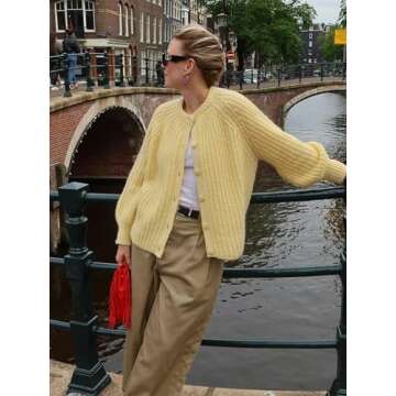 YKR Womens Fall Cardigan Sweater Long Sleeve Chunky Knit Open Front Button Loose Casual Cardigan Coat Yellow M