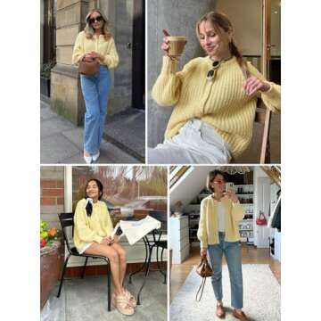 YKR Womens Fall Cardigan Sweater Long Sleeve Chunky Knit Open Front Button Loose Casual Cardigan Coat Yellow M